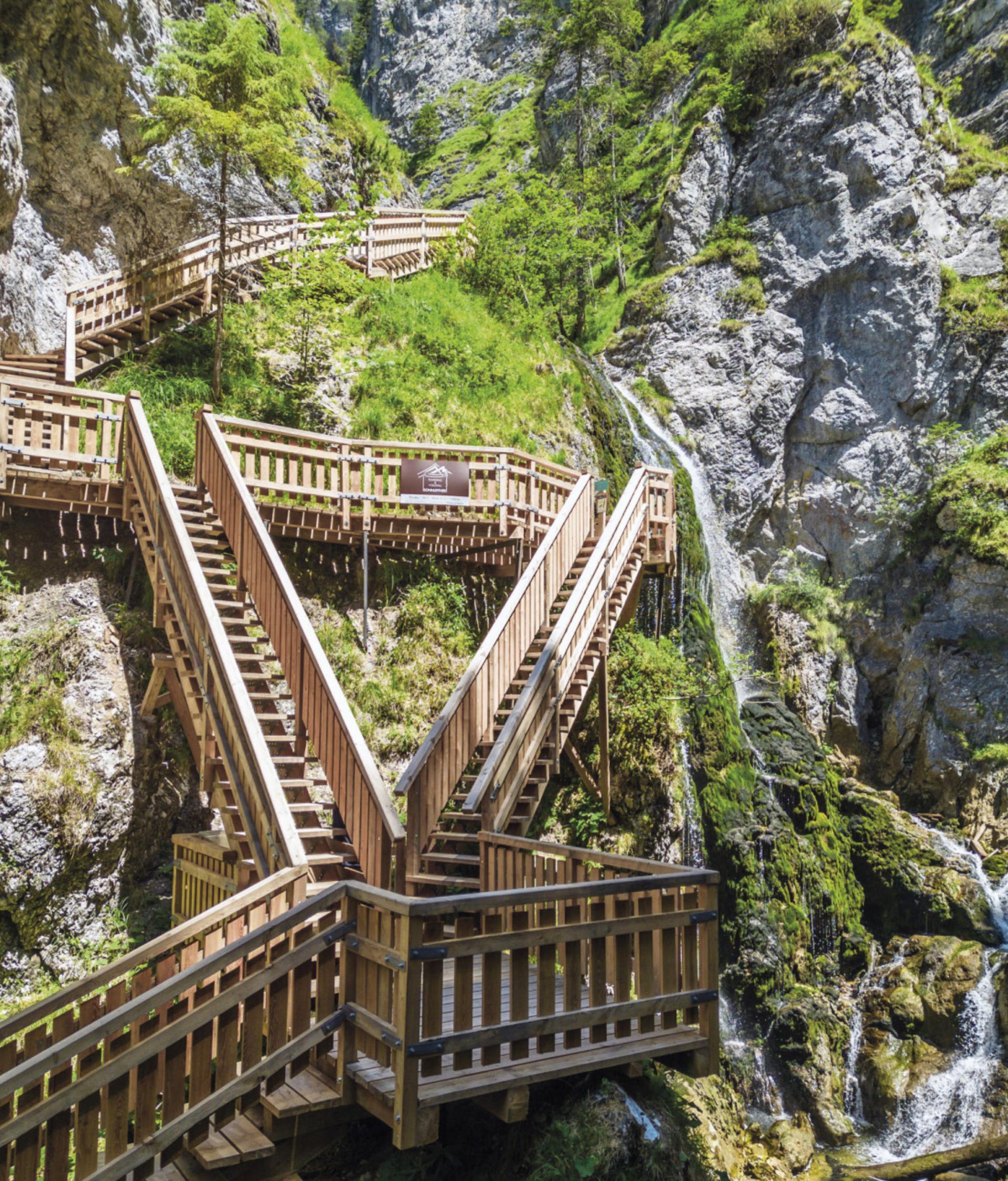 Noch bis zum 2. November können Besuchende über die preisgekrönte Steiganlage der Wasserlochklamm wandern. Fotocredit Bau: HBP/Illemann