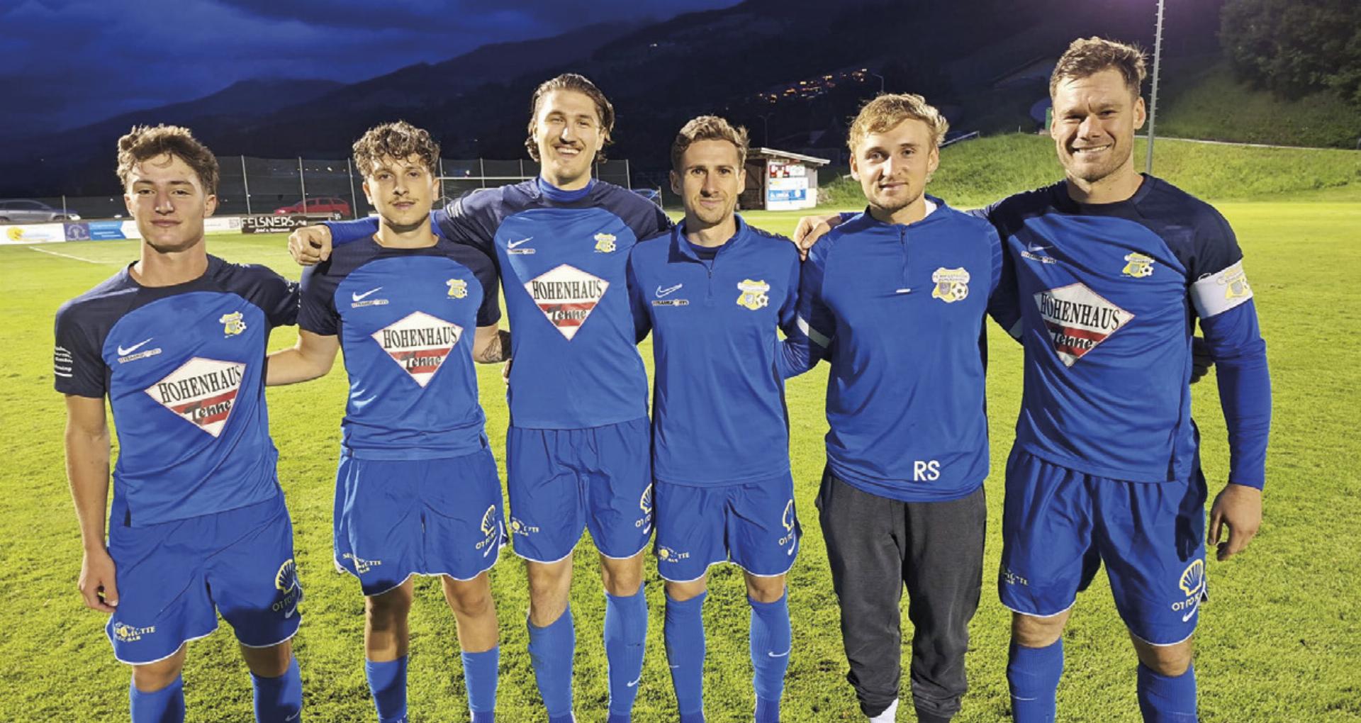 Die Torschützen des FC Schladming beim 6:0-Sieg gegen SV Haus (von links): Karl Franz Thaler, Sebastian Paric, Thomas Weikl, Luca Pistrich, Simon Oberhamberger, Leonhard Ettlmayr.