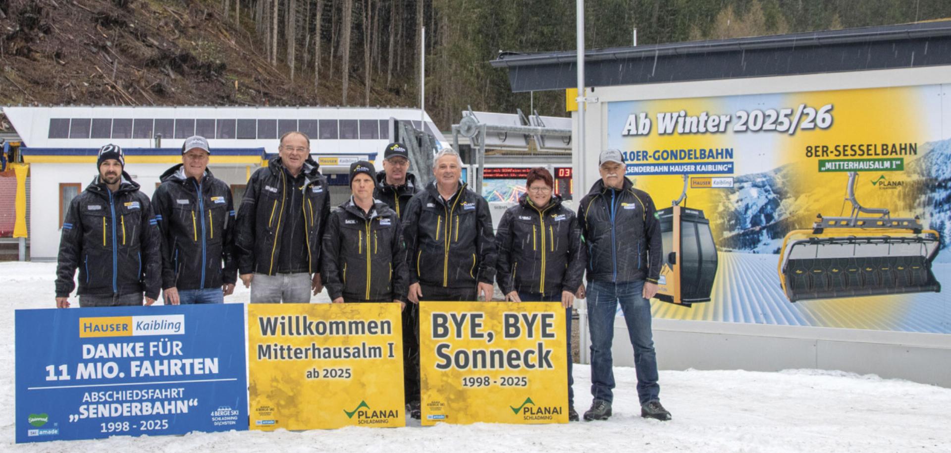 Geschäftsführer, Betriebsleiter und Maschinisten beider Skiberge sagen der Sender- und Sonneckbahn nach 27 Jahren „Adieu“.  Foto: Thomas Kovacsics