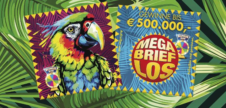 Das Mega-Brieflos „Papagei“ mit 500.000 Euro Hauptgewinn gibt es in allen Annahmestellen. © Österreichische Lotterien