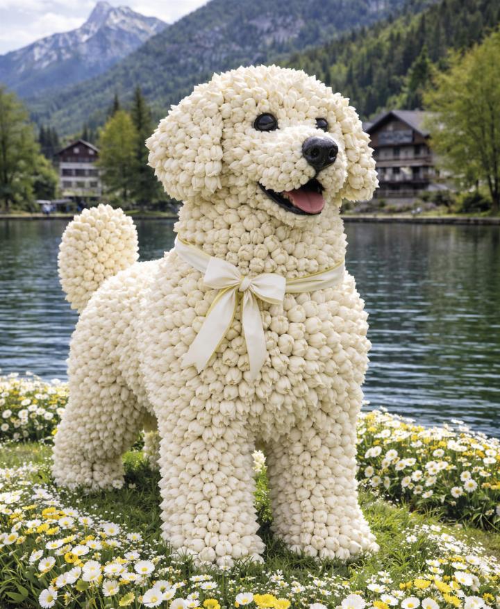 Mit cremeweißen Tulpen wurde erstmals ein „Tulpenhund“ gesteckt. Ganz ohne Narzissen, aber mit viel Fingerspitzengefühl.