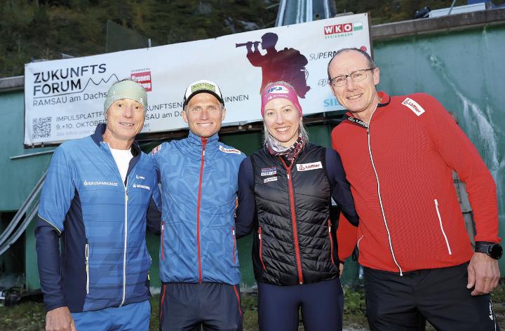 Veranstalter Anton Schutti mit den Langlaufgrößen Mika Vermeulen, Teresa Stadlober und Alois Stadlober (von links). Foto: GEPA